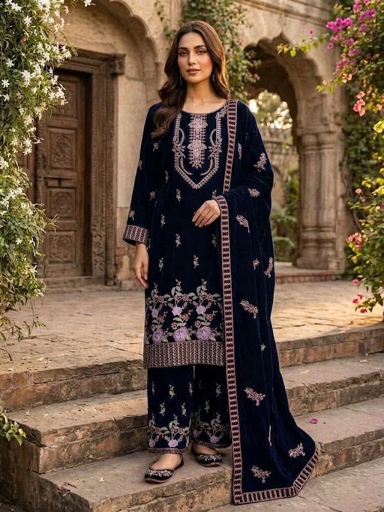 Embroidered Velvet Suit With Shawl 3 Piece Navy - Multiwear Embroidered velvet suit with shawl 3 piece navy ladies wedding wear