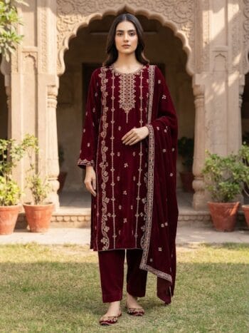 Embroidered velvet 3 piece unstitched maroon ladies winter suit