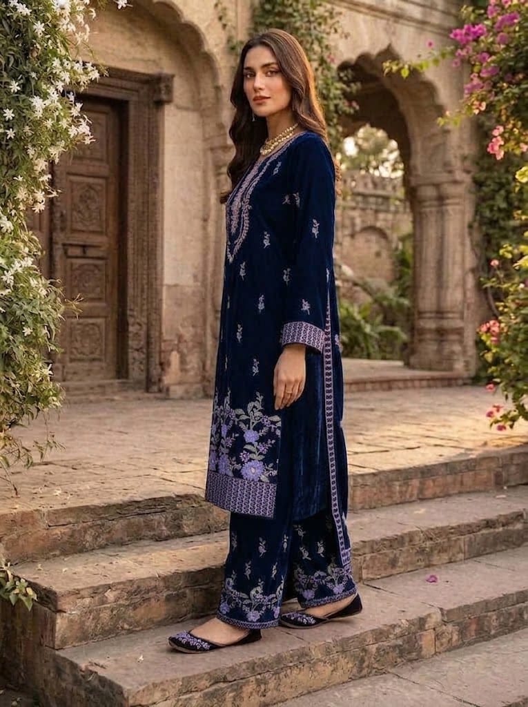Embroidered Velvet Suit With Shawl 3 Piece Navy - Multiwear Embroidered velvet suit with shawl 3 piece navy ladies wedding wear