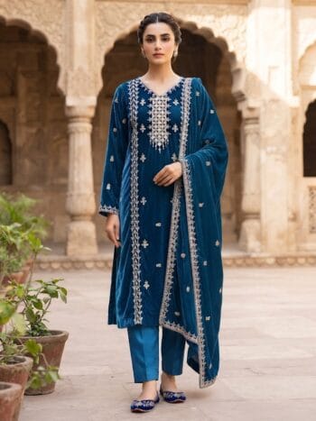 Embroidered velvet 3 piece unstitched teal blue panel suit