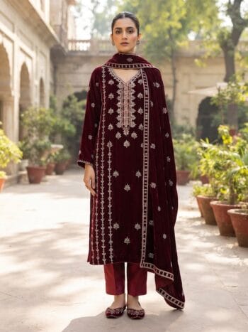 Embroidered velvet 3 piece unstitched maroon ladies winter dress