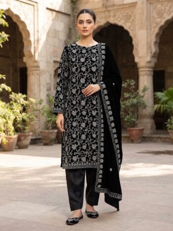 Embroidered velvet 3 piece unstitched jet black all over floral suit