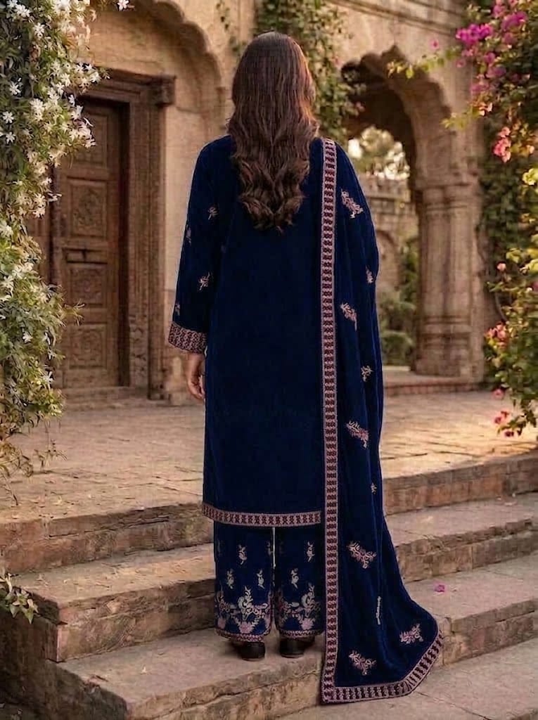 Embroidered Velvet Suit With Shawl 3 Piece Navy - Multiwear Embroidered velvet suit with shawl 3 piece navy ladies wedding wear