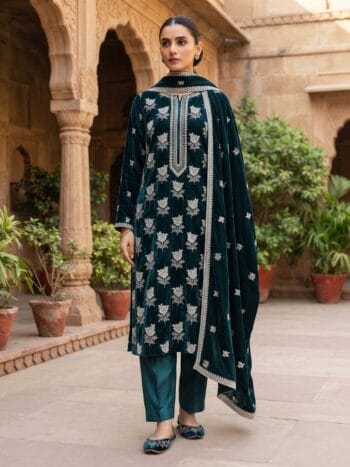 Embroidered velvet 3 piece unstitched teal green booti work suit