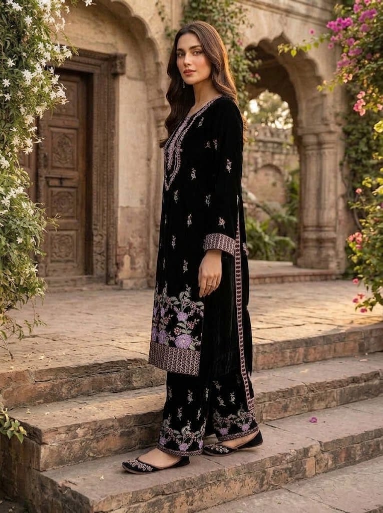 Embroidered Velvet Suit With Shawl 3 Piece Black - Multiwear Embroidered velvet suit with shawl 3 piece black ladies wedding wear