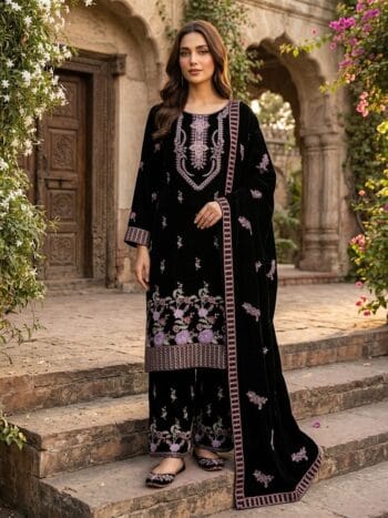 Home Embroidered velvet suit with shawl 3 piece black ladies wedding wear
