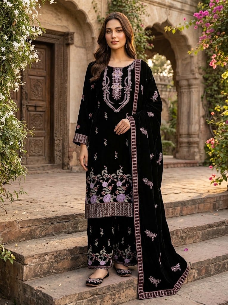 Embroidered Velvet Suit With Shawl 3 Piece Black - Multiwear Embroidered velvet suit with shawl 3 piece black ladies wedding wear