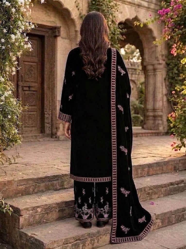 Embroidered Velvet Suit With Shawl 3 Piece Black - Multiwear Embroidered velvet suit with shawl 3 piece black ladies wedding wear