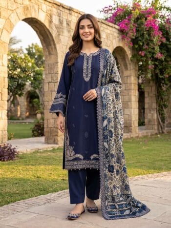 Dhanak with wool shawl 3 piece navy blue embroidered ladies suit